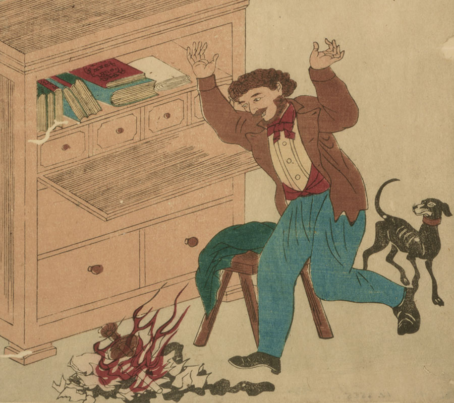 Bokbål: Ett japanskt träsnitt föreställande brinnande böcker.