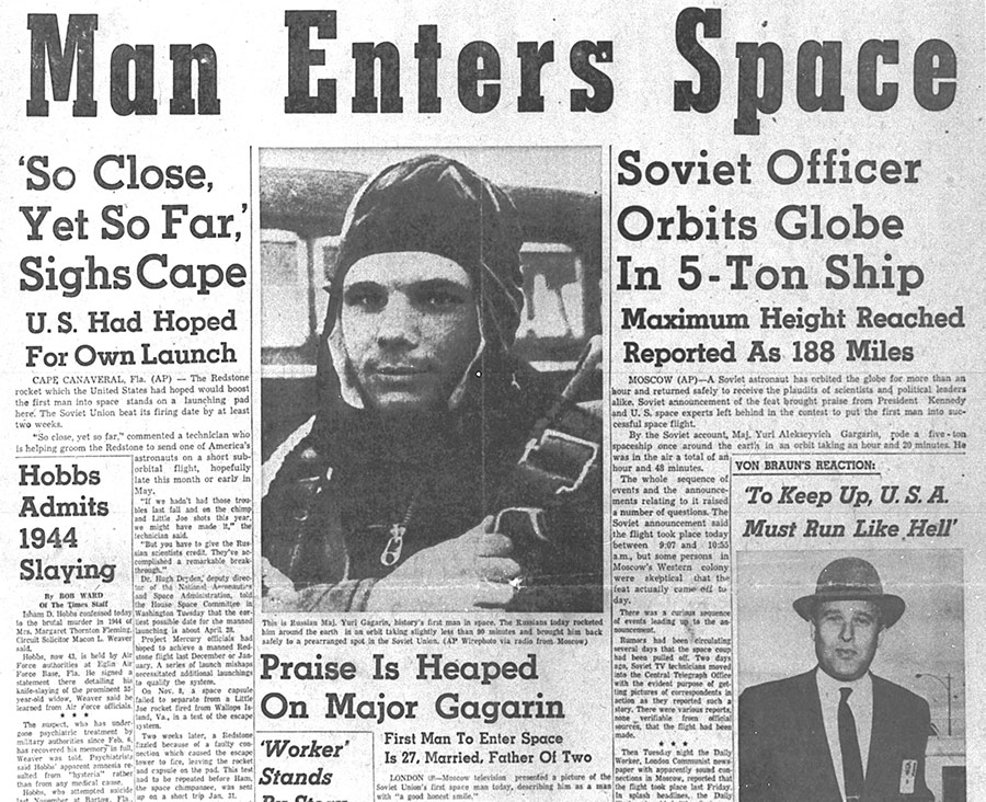 Tidningsframsida från 12 april 1961, med Jurij Gagarin i fokus