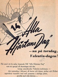 "Nu på torsdag alla hjärtans dag", NK-annons ur DN, 11 februari, 1957. Ur Nordiska museets klippsamling.